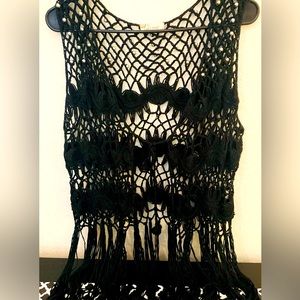 Beautiful preowned knitted Lacey style long fringe vest. Cute pearl accents